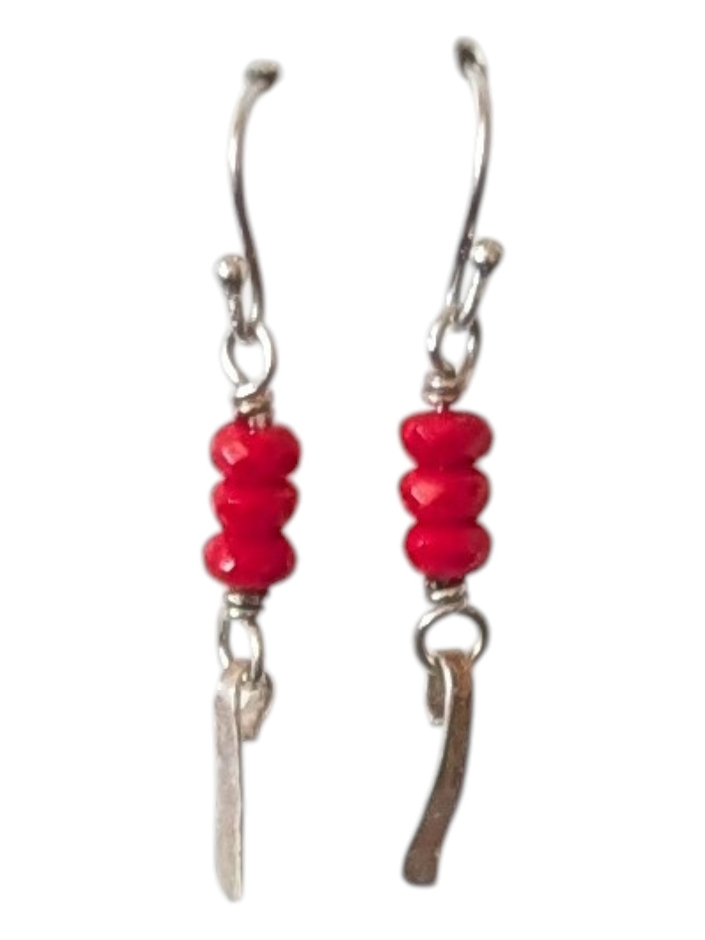 Handmade Forged Sterling Silver Paddle Earrings Petite Red Czech Glass Faceted